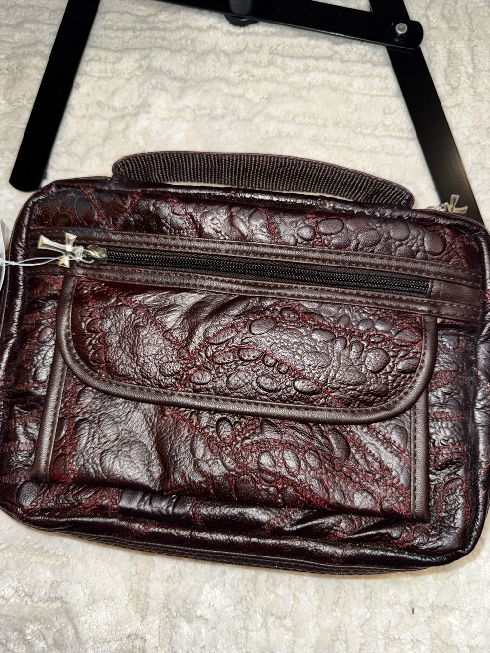 NWT Embossed Bible Cover Burgundy Faux Leather Cross Zipper Organizer Case